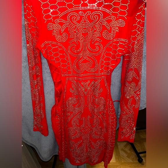 Banjul Dresses & Skirts - BANJUL Red Stretchy Beaded Dress W/ Lace Hip Accents EUC